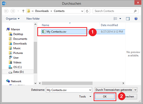 csv Datei mit Kontakten auswaehlen
