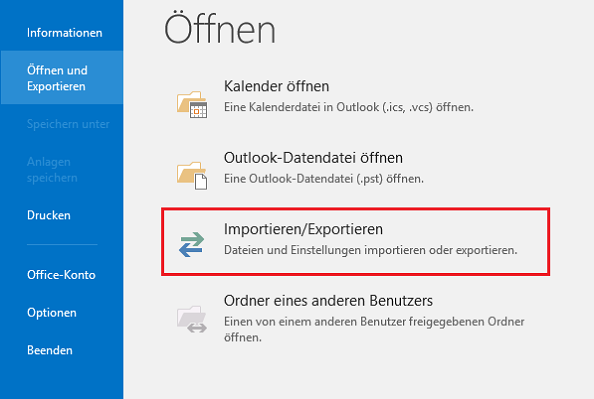 Klicken Sie auf den Button Importieren und Exportieren in Outlook 2013