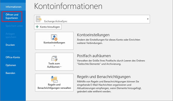 Klicken Sie auf den Button Öffnen und Exportieren in Outlook 2013