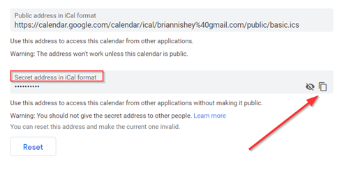 Export Google Calendar: Click the copy icon