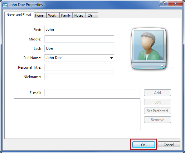 Select OK for each contact to be saved in Windows Contacts