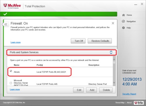 McAfee Total Protection Firewall Configuration - Open Ports Done