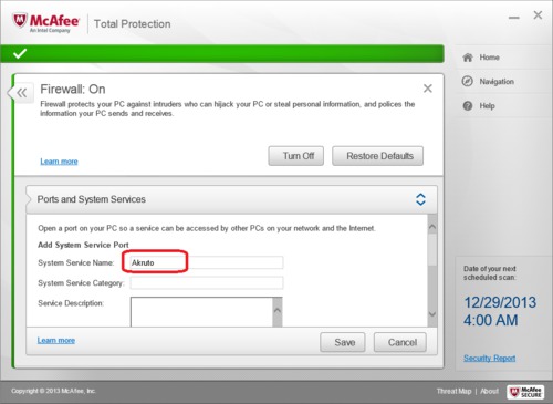 McAfee Total Protection Firewall Configuration - Open Ports Service Name