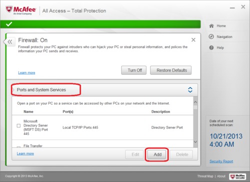 McAfee Total Protection Firewall Configuration - Ports and System Services