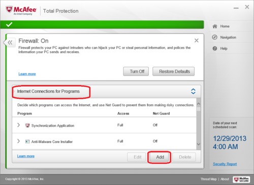 McAfee Total Protection Firewall Configuration - Programs