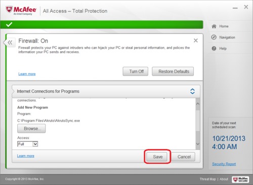 McAfee Total Protection Firewall Configuration - Save