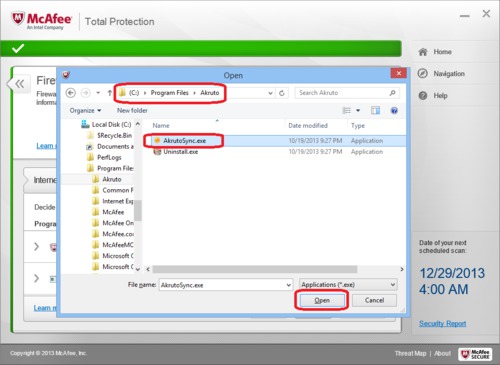McAfee Total Protection Firewall Configuration - Select File