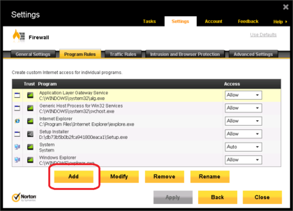 Norton 360 Firewall Configuration - Click Add Rule